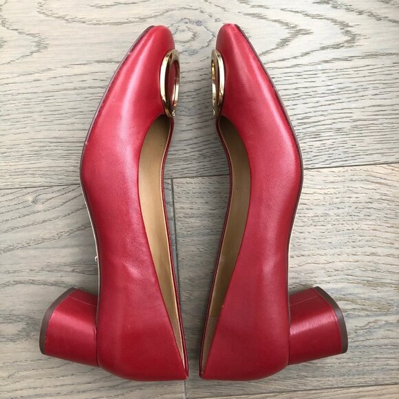 Tory Burch Designer Leather Slip On Shoes w Gold Metal Circle Logo Red Sz 9.5M - Picture 5 of 12